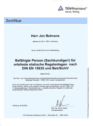 Bild: Zertifikat Jan Behrens - Sachkundige/r für ortsfest statische Regalanlagen nach DIN EN 15635 und BetrSichV