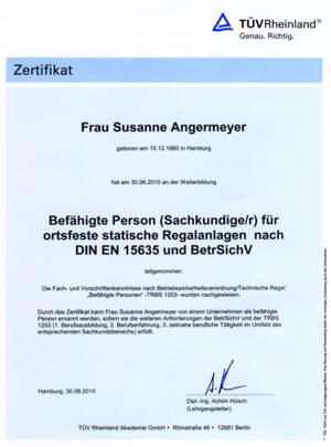 Bild: Zertifikat Susanne Angermeyer - Sachkundige/r für ortsfest statische Regalanlagen nach DIN EN 15635 und BetrSichV